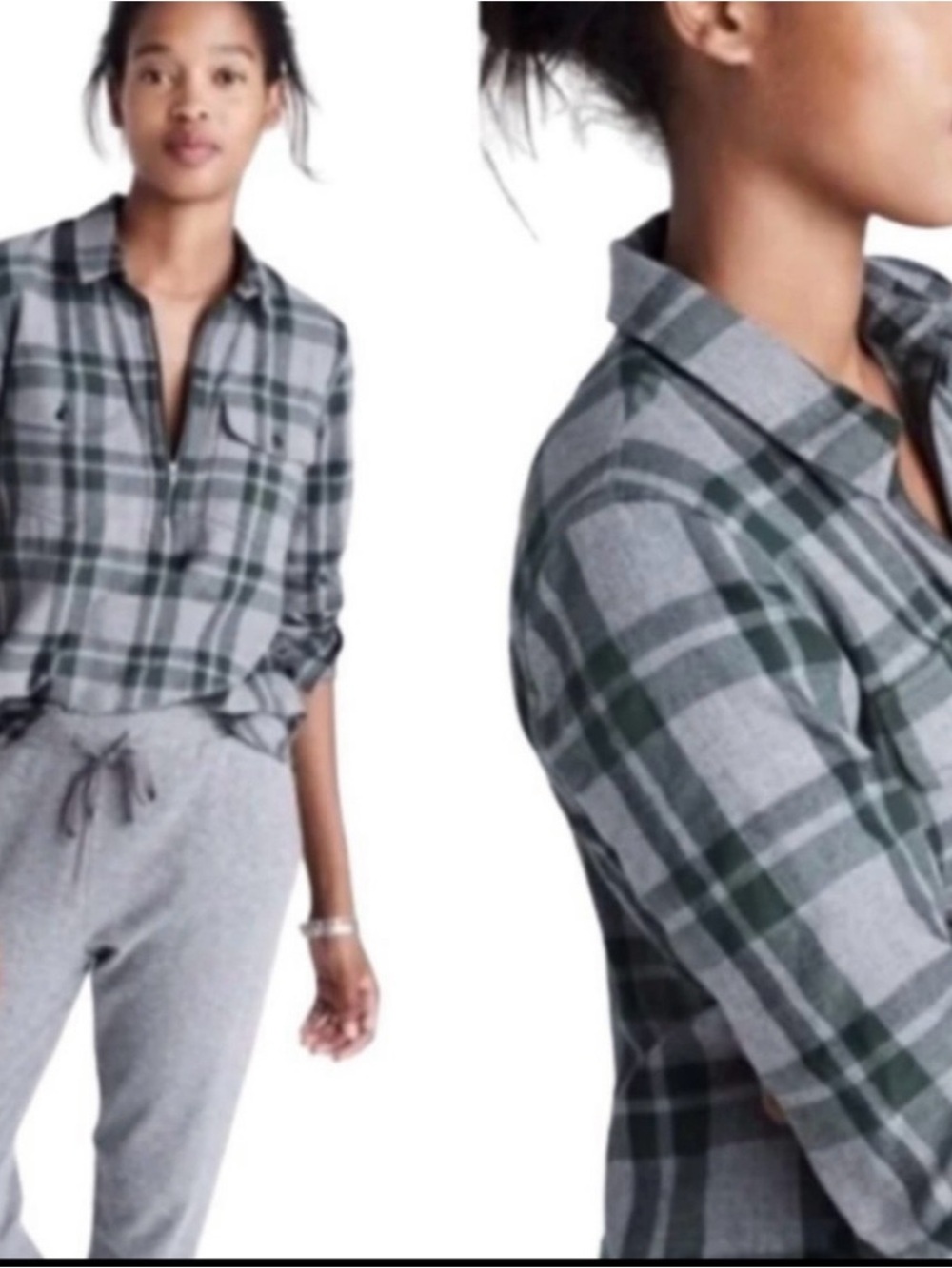 Madewell Women's Gray & Green Plaid Half Zip Popover Shirt